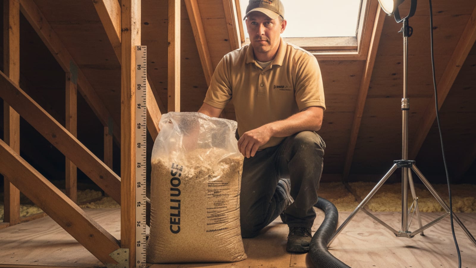 Insulation installer in a warm-tan polo measuring an R-value depth ruler in a San Diego attic