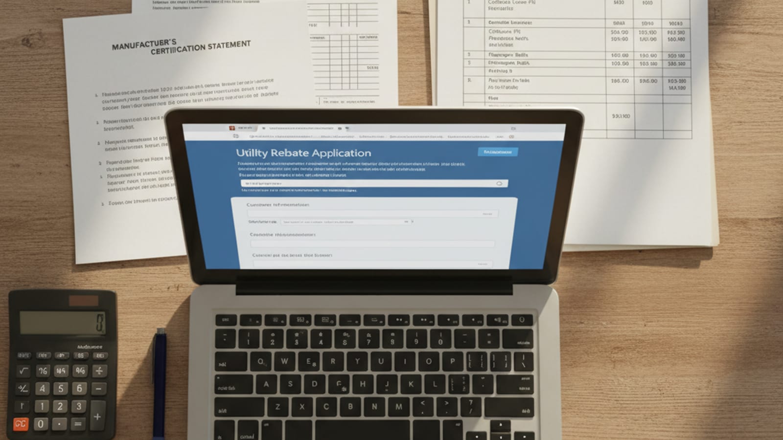 Documents and laptop showing rebate paperwork alongside SDG&E rebate application materials