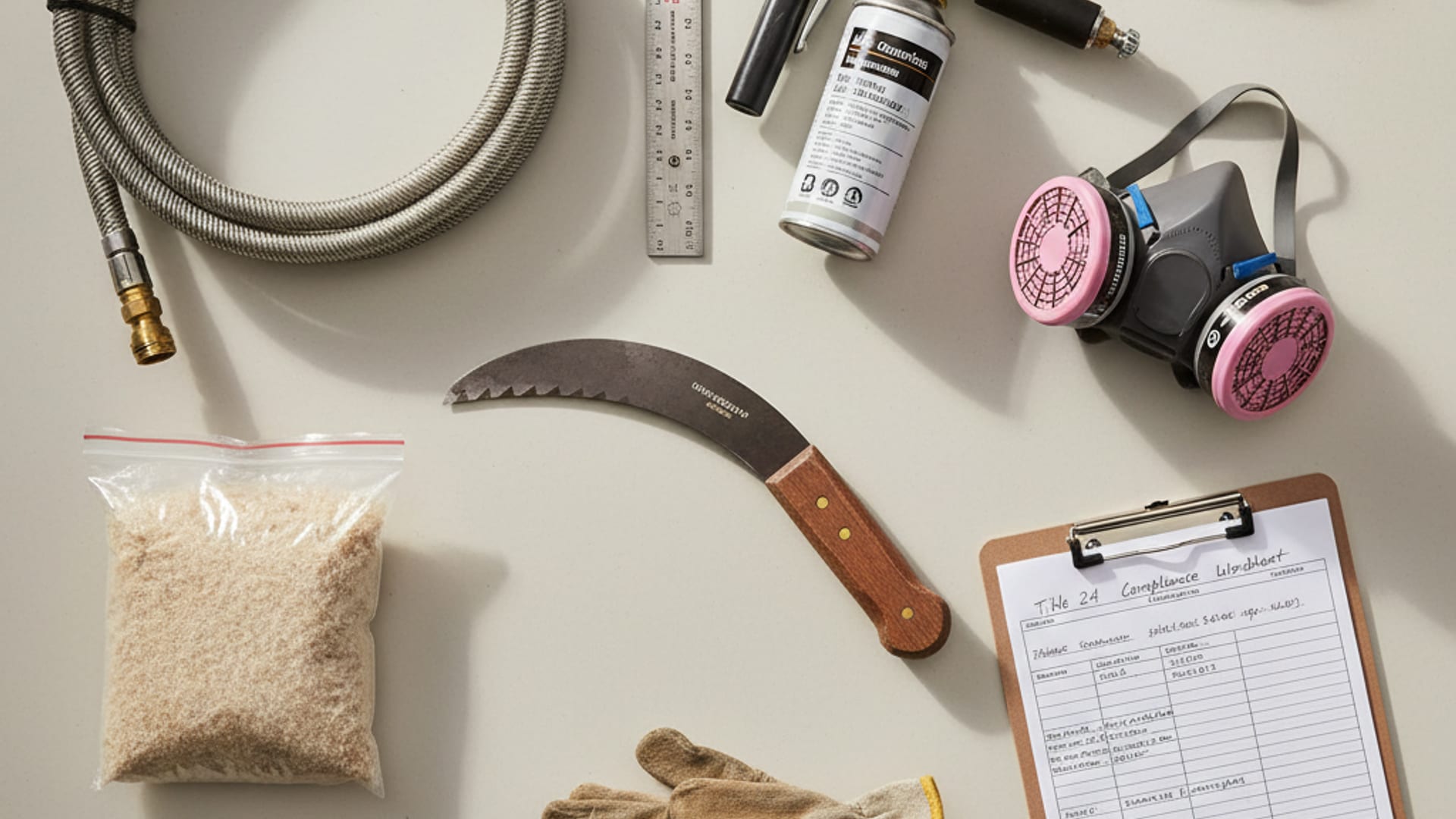 Overhead flat-lay of professional insulation tools, fill hoses, depth gauge, foam gun, batt knife, respirator, gloves, on a clean work surface