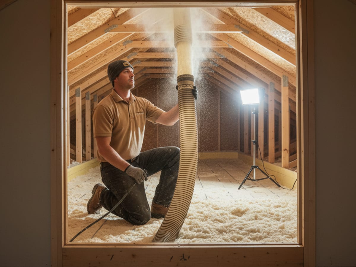 San Diego attic with thin, uneven insulation between the ceiling joists