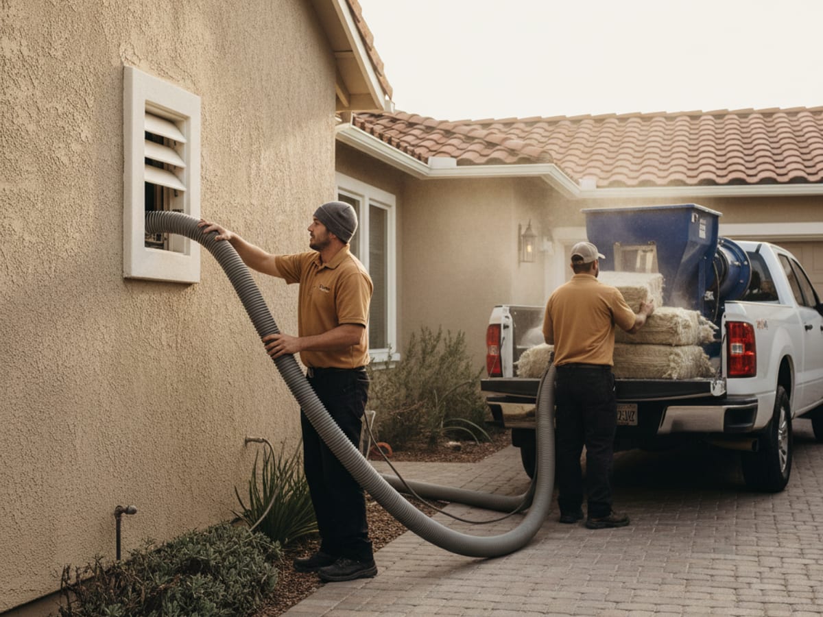 Blown-in loose-fill insulation being machine-installed across a San Diego attic floor
