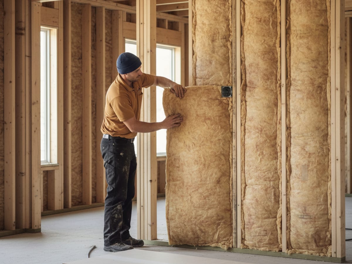 Insulation being installed inside an open wall cavity in a San Diego home